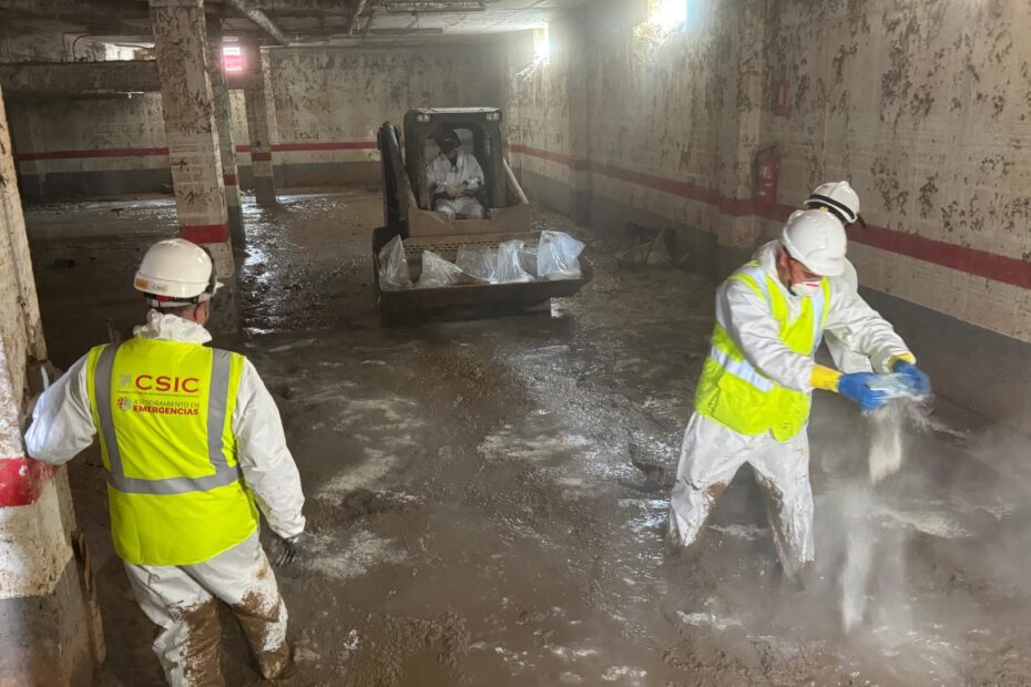 El Grupo de Asesoramiento de Emergencias del CSIC usando espesantes en un garaje de Valencia. / CSIC